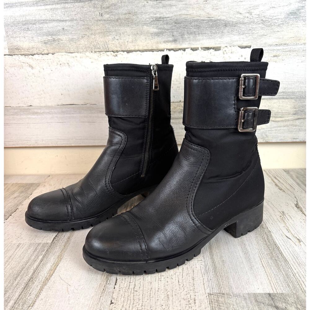 Prada 10 Black Leather Biker Moto Boots Mid Calf Buckle Zip Designer Luxe - Picture 1 of 11